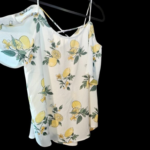 Kaileigh Lemon Print Cold Shoulder Top Women’s Large - Picture 2 of 6